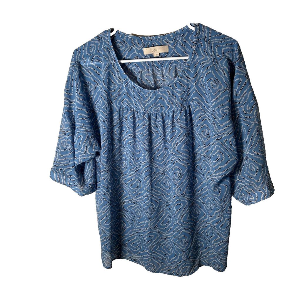 LOFT Blouse Women's Large Blue Printed Sheer Round Neck Short Sleeve Shirt Top